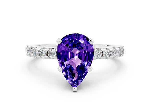 White gold Pear Cut Tanzanite Solitaire Ring with Round  Pavé Band and Four-Prong Setting