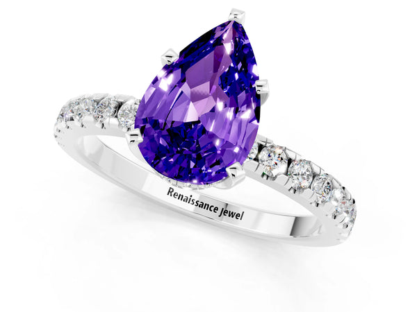 White gold Pear Cut Tanzanite Solitaire Ring with Round  Pavé Band and Four-Prong Setting