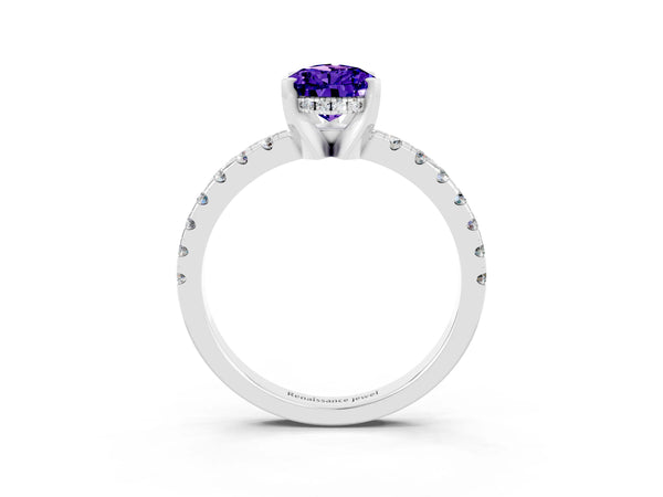 White gold Pear Cut Tanzanite Solitaire Ring with Round Pavé Band and Four-Prong Setting
