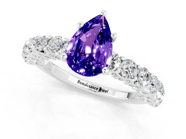 Silver Pear Cut Tanzanite Solitaire Ring with Shared Prong Pavé Band and Four-Prong Setting