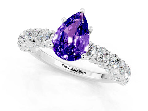 White gold Pear Cut Tanzanite Solitaire Ring with Shared Prong Pavé Band and Four-Prong Setting_1