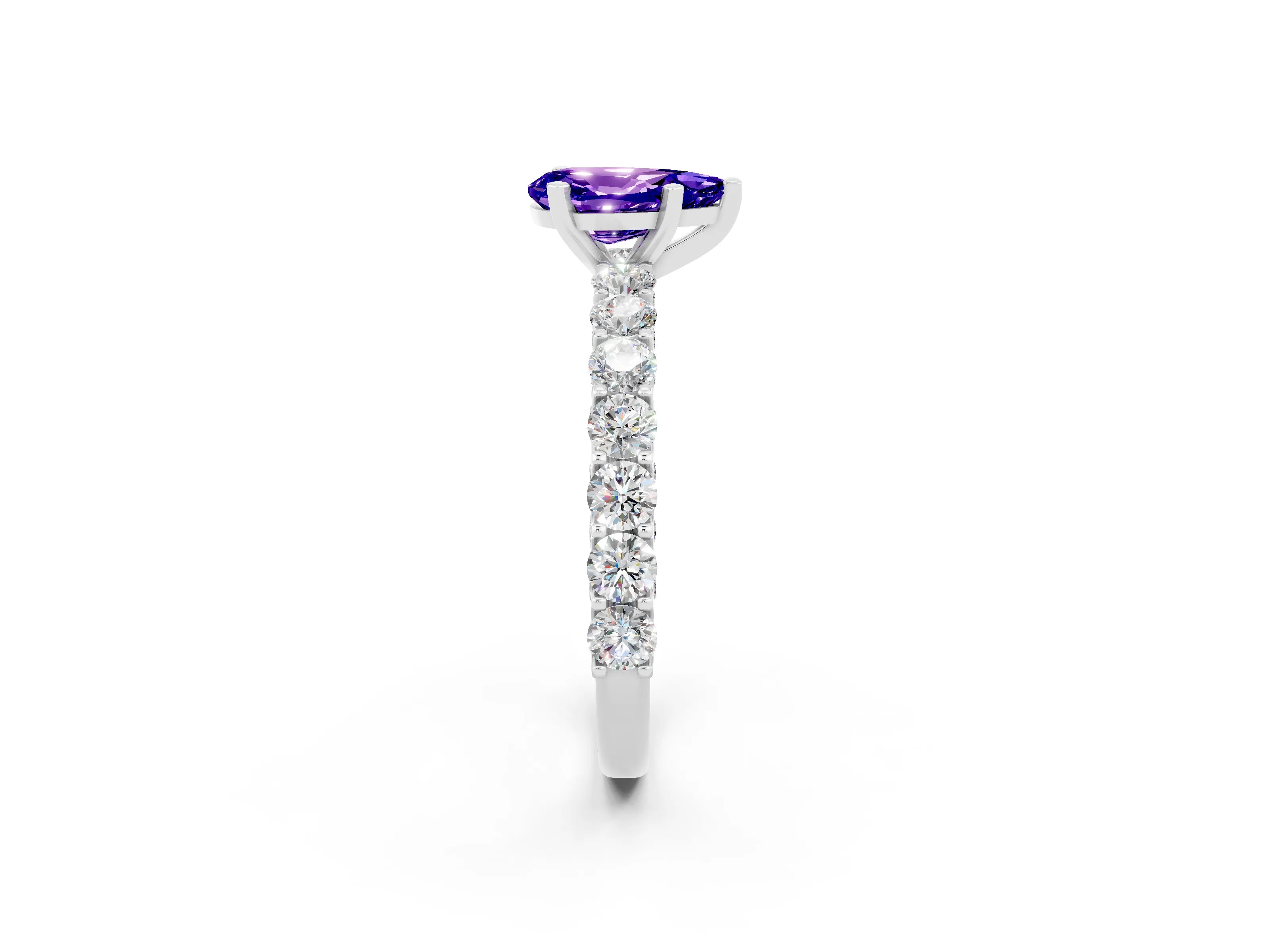 White gold Pear Cut Tanzanite Solitaire Ring with Shared Prong Pavé Band and Four-Prong Setting_2