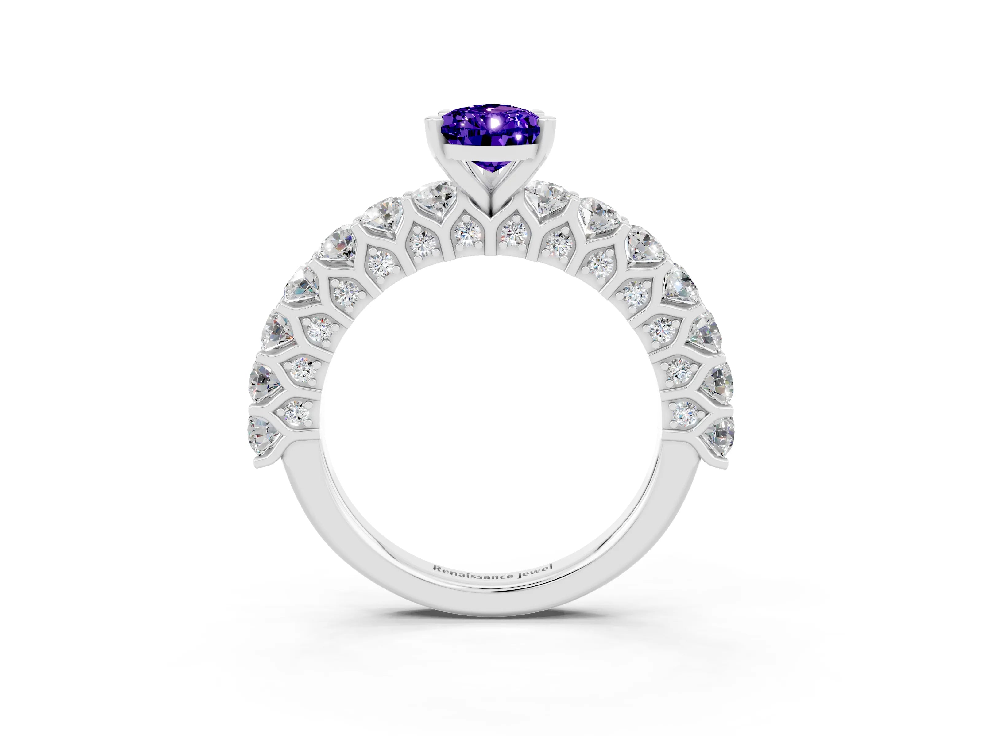 White gold Pear Cut Tanzanite Solitaire Ring with Shared Prong Pavé Band and Four-Prong Setting_3