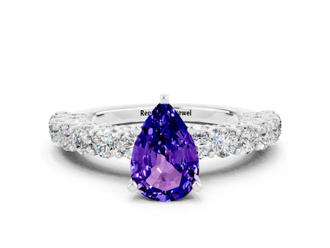 White gold Pear Cut Tanzanite Solitaire Ring with Shared Prong Pavé Band and Four-Prong Setting