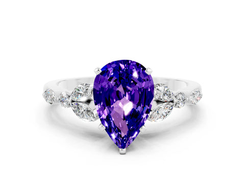White gold Pear Cut Tanzanite Solitaire Ring with Side Stones and Four-Prong Setting_24