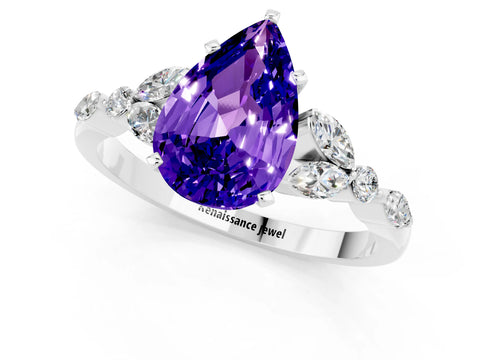 White gold Pear Cut Tanzanite Solitaire Ring with Side Stones and Four-Prong Setting_25