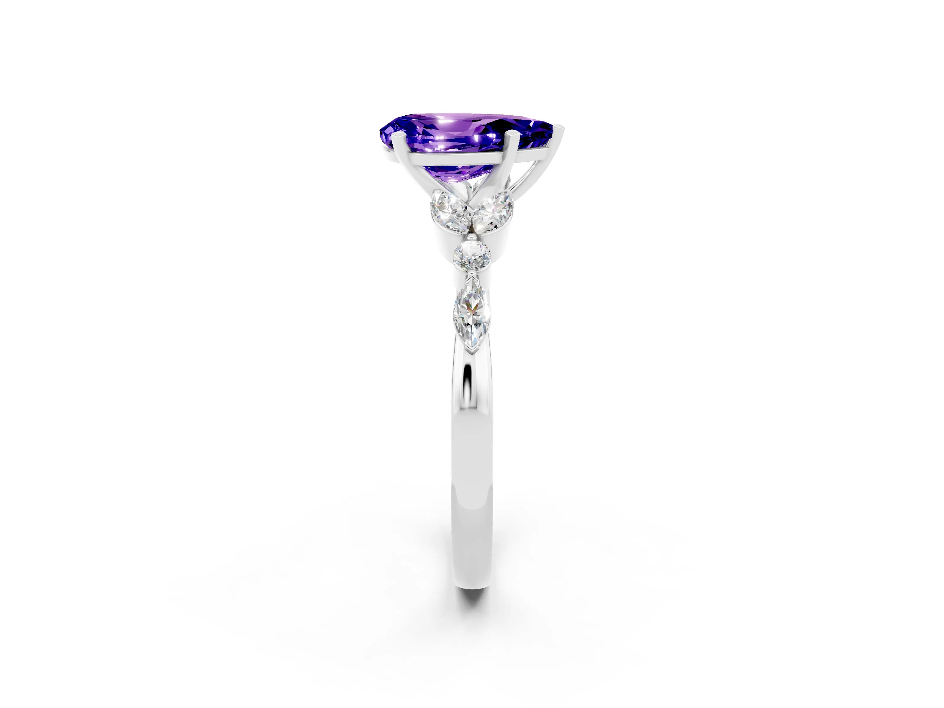 White gold Pear Cut Tanzanite Solitaire Ring with Side Stones and Four-Prong Setting_26