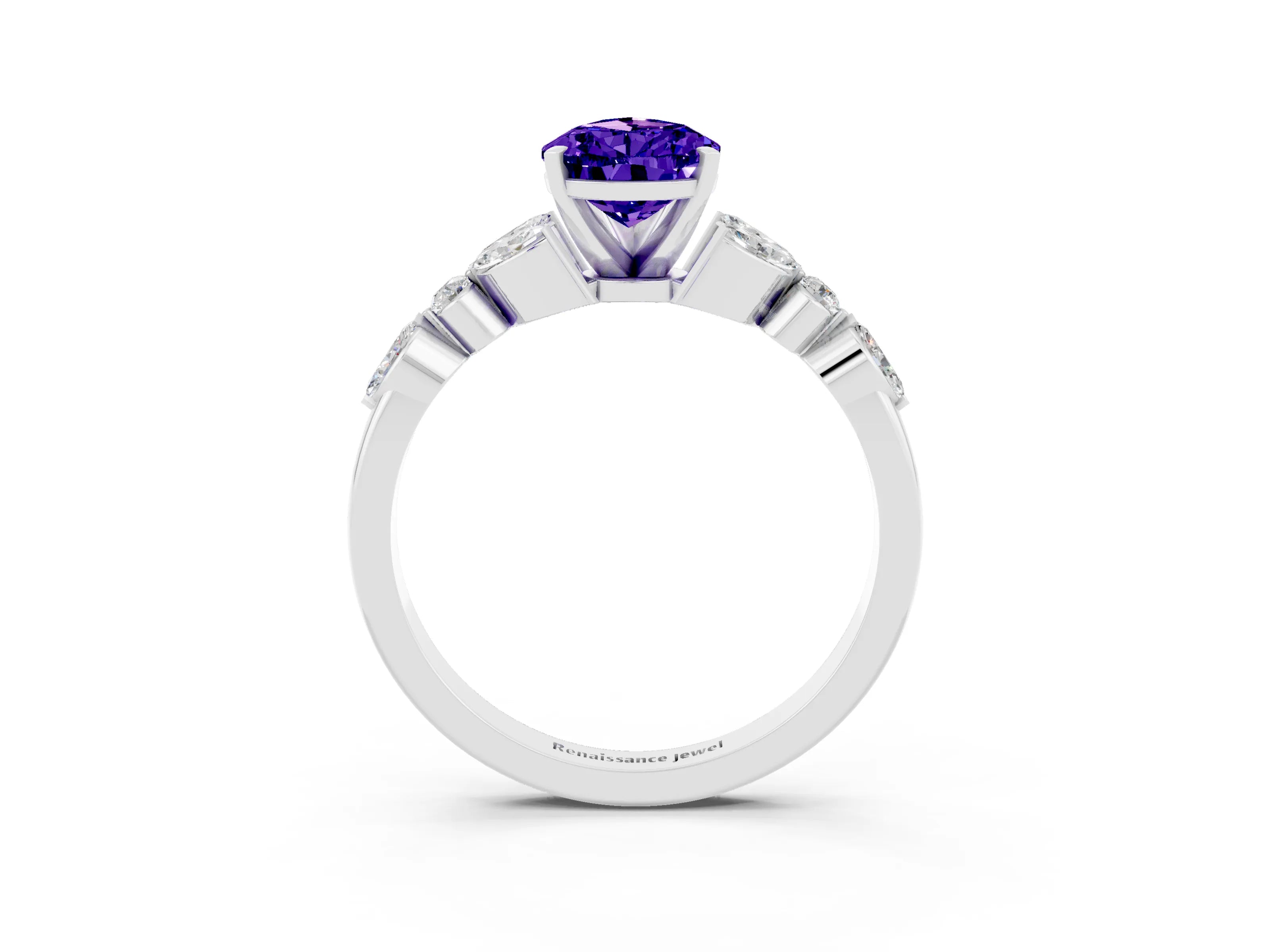 White gold Pear Cut Tanzanite Solitaire Ring with Side Stones and Four-Prong Setting_27