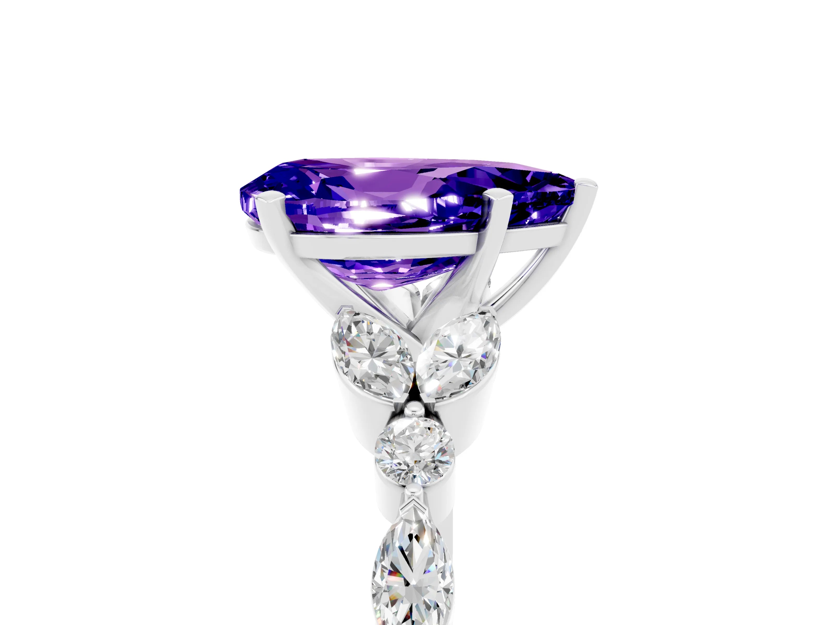 White gold Pear Cut Tanzanite Solitaire Ring with Side Stones and Four-Prong Setting_29