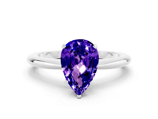 White gold Pear Cut Tanzanite Solitaire Ring with Six-Prong Setting and Classic Band