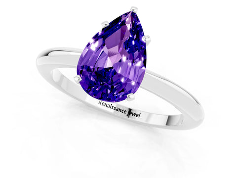 White gold Pear Cut Tanzanite Solitaire Ring with Six-Prong Setting and Classic Band_1
