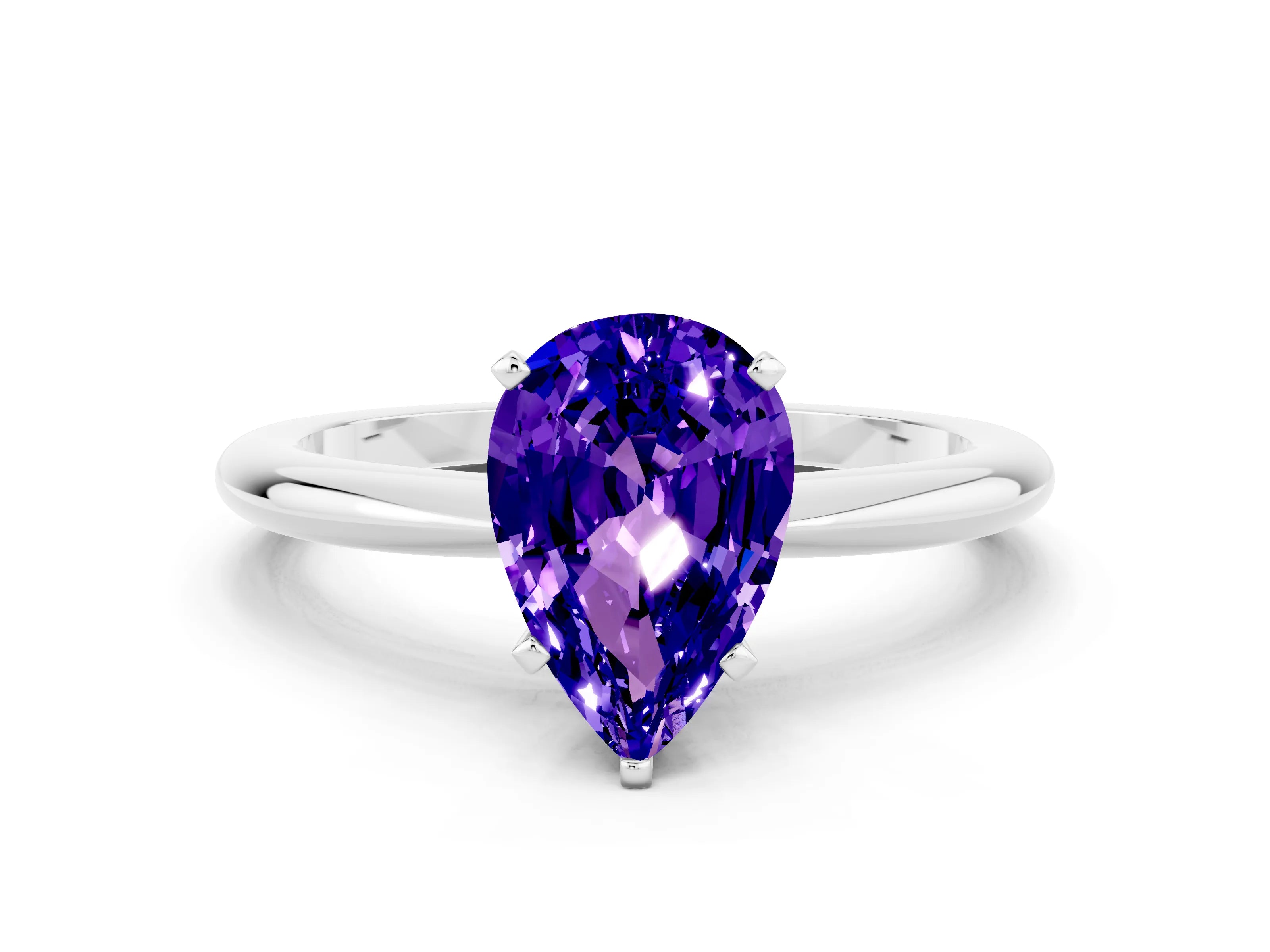 White gold Pear Cut Tanzanite Solitaire Ring with Six-Prong Setting and Classic Band