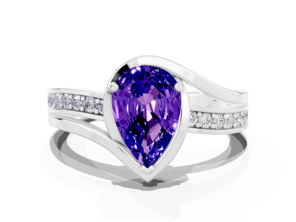 Platinum Pear Cut Tanzanite Solitaire Ring with Split Shank and Prong Setting