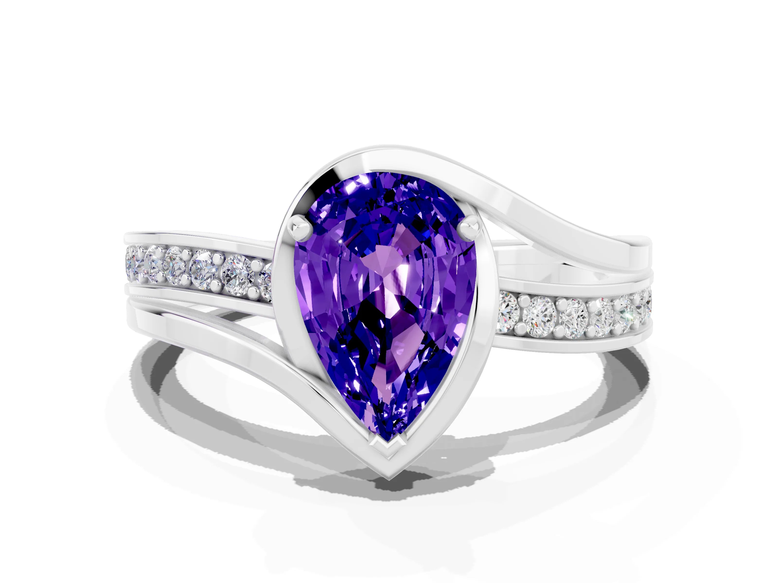 White gold Pear Cut Tanzanite Solitaire Ring with Split Shank and Prong Setting