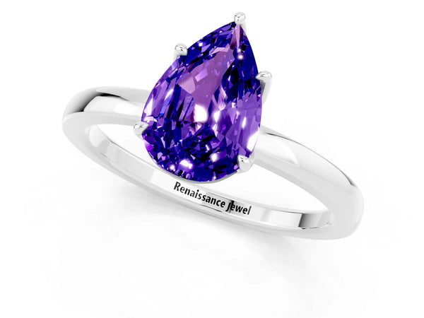 Platinum Pear Cut Tanzanite Solitaire Ring with Thin Band and Prong Setting