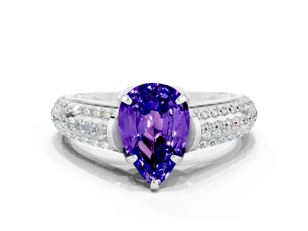 Platinum Pear Cut Tanzanite Solitaire Ring with Three-Row Pavé Band and Four-Prong Setting