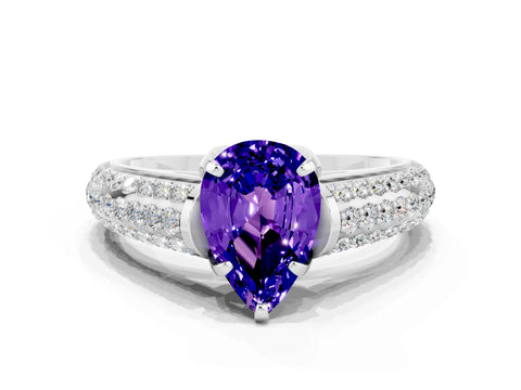 White gold Pear Cut Tanzanite Solitaire Ring with Three-Row Pavé Band and Four-Prong Setting_12