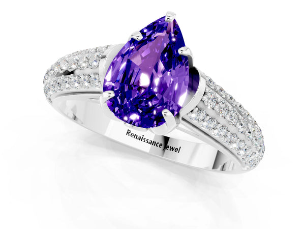 Platinum Pear Cut Tanzanite Solitaire Ring with Three-Row Pavé Band and Four-Prong Setting