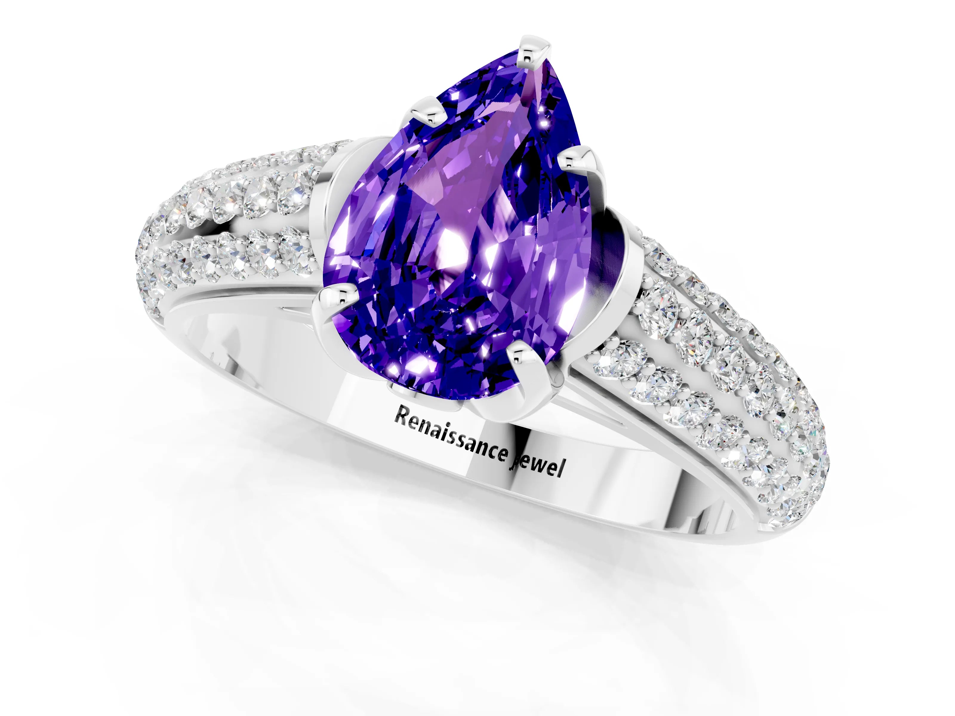 White gold Pear Cut Tanzanite Solitaire Ring with Three-Row Pavé Band and Four-Prong Setting_13