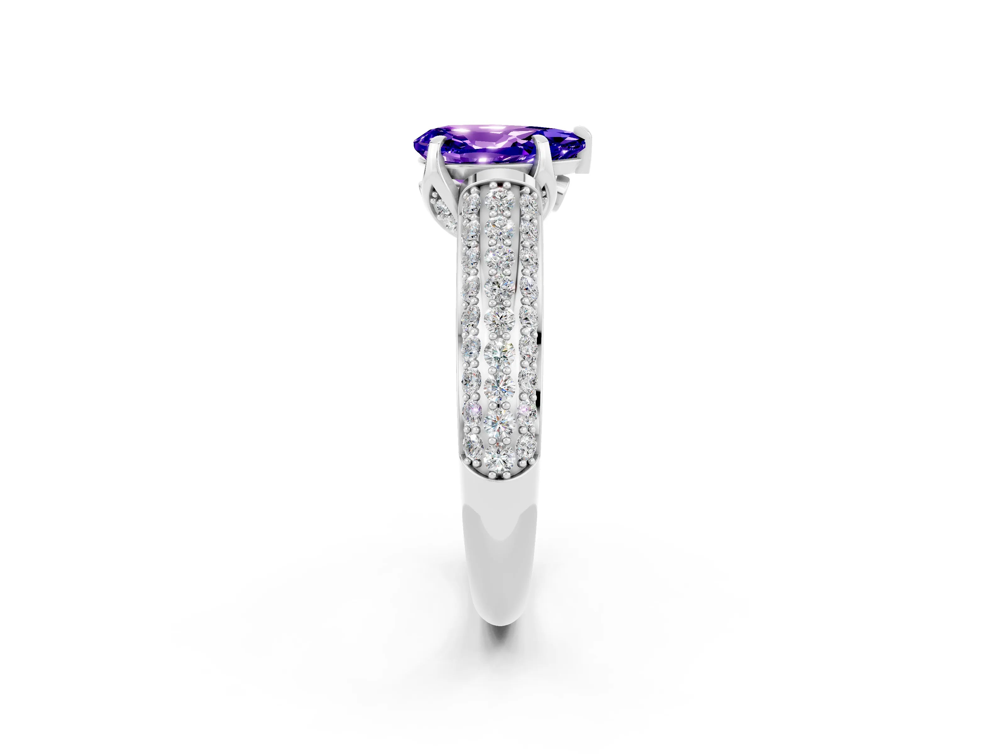 White gold Pear Cut Tanzanite Solitaire Ring with Three-Row Pavé Band and Four-Prong Setting_14