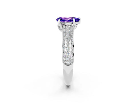 White gold Pear Cut Tanzanite Solitaire Ring with Three-Row Pavé Band and Four-Prong Setting_14