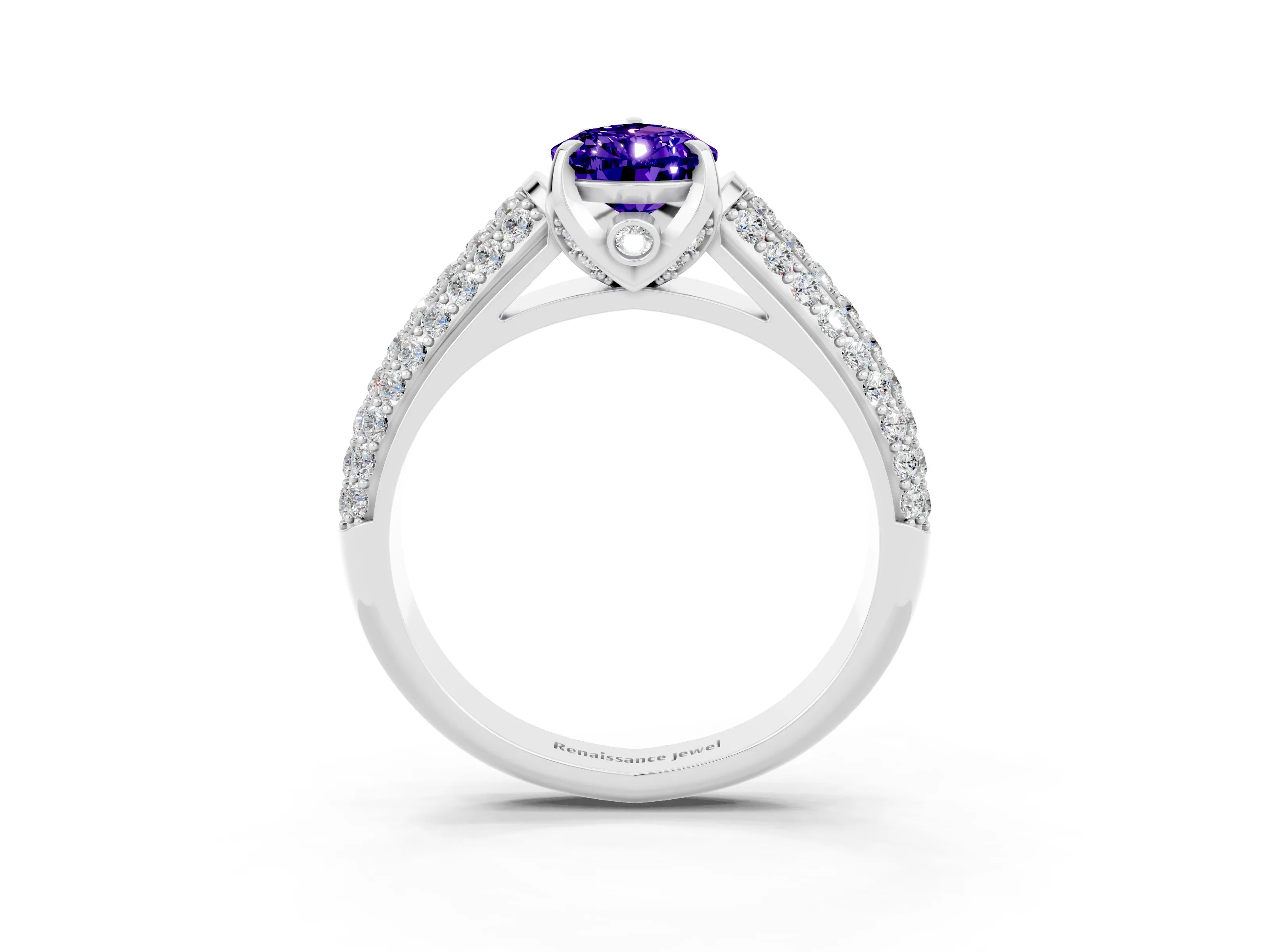 White gold Pear Cut Tanzanite Solitaire Ring with Three-Row Pavé Band and Four-Prong Setting_15