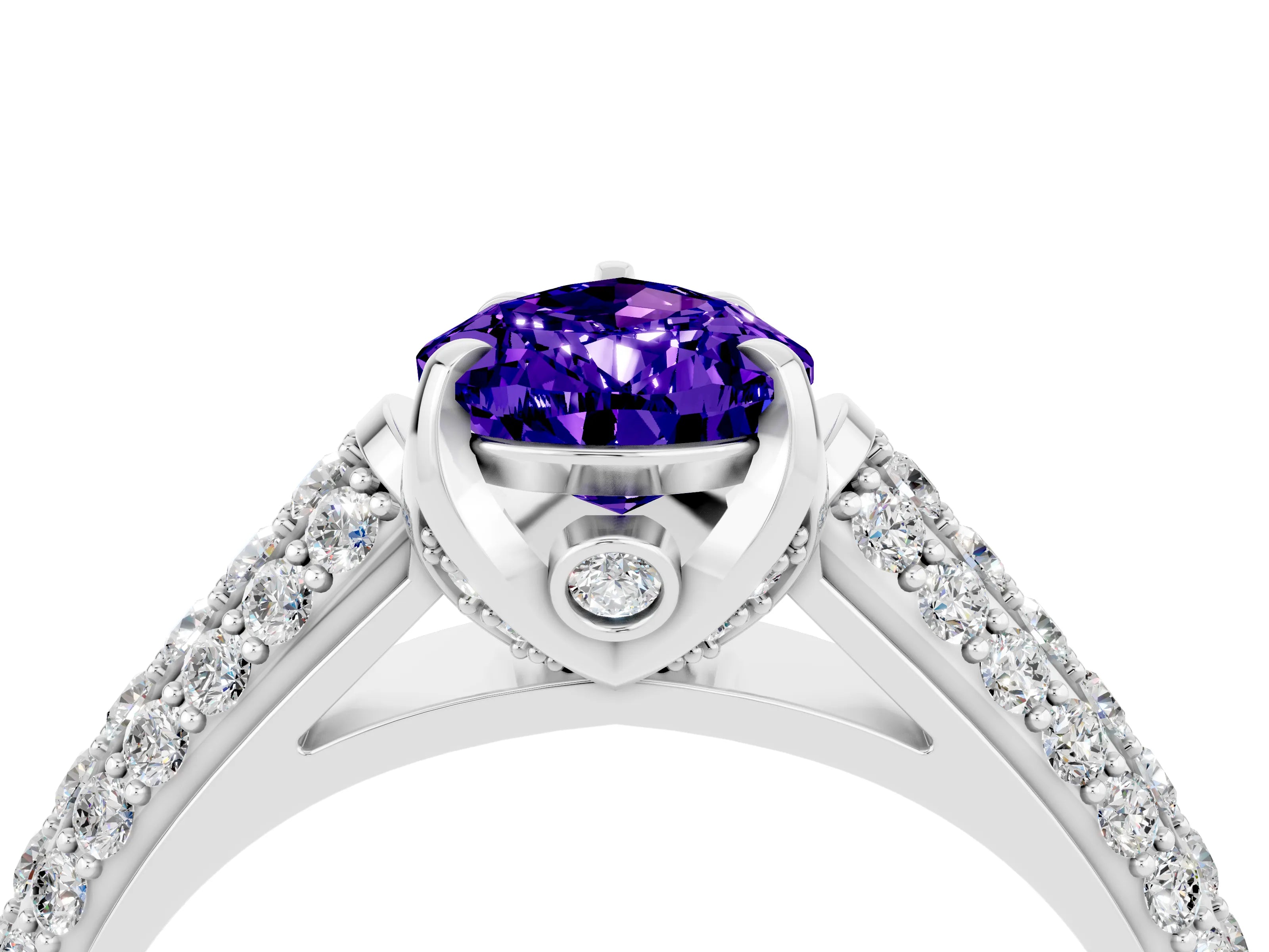 White gold Pear Cut Tanzanite Solitaire Ring with Three-Row Pavé Band and Four-Prong Setting_16