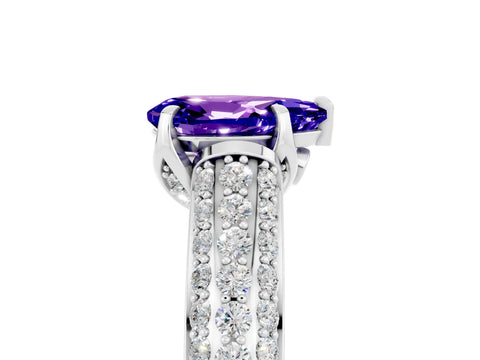 White gold Pear Cut Tanzanite Solitaire Ring with Three-Row Pavé Band and Four-Prong Setting_17