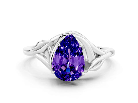 White gold Pear Cut Tanzanite Solitaire Ring with Twist Band and Four-Prong Setting_12