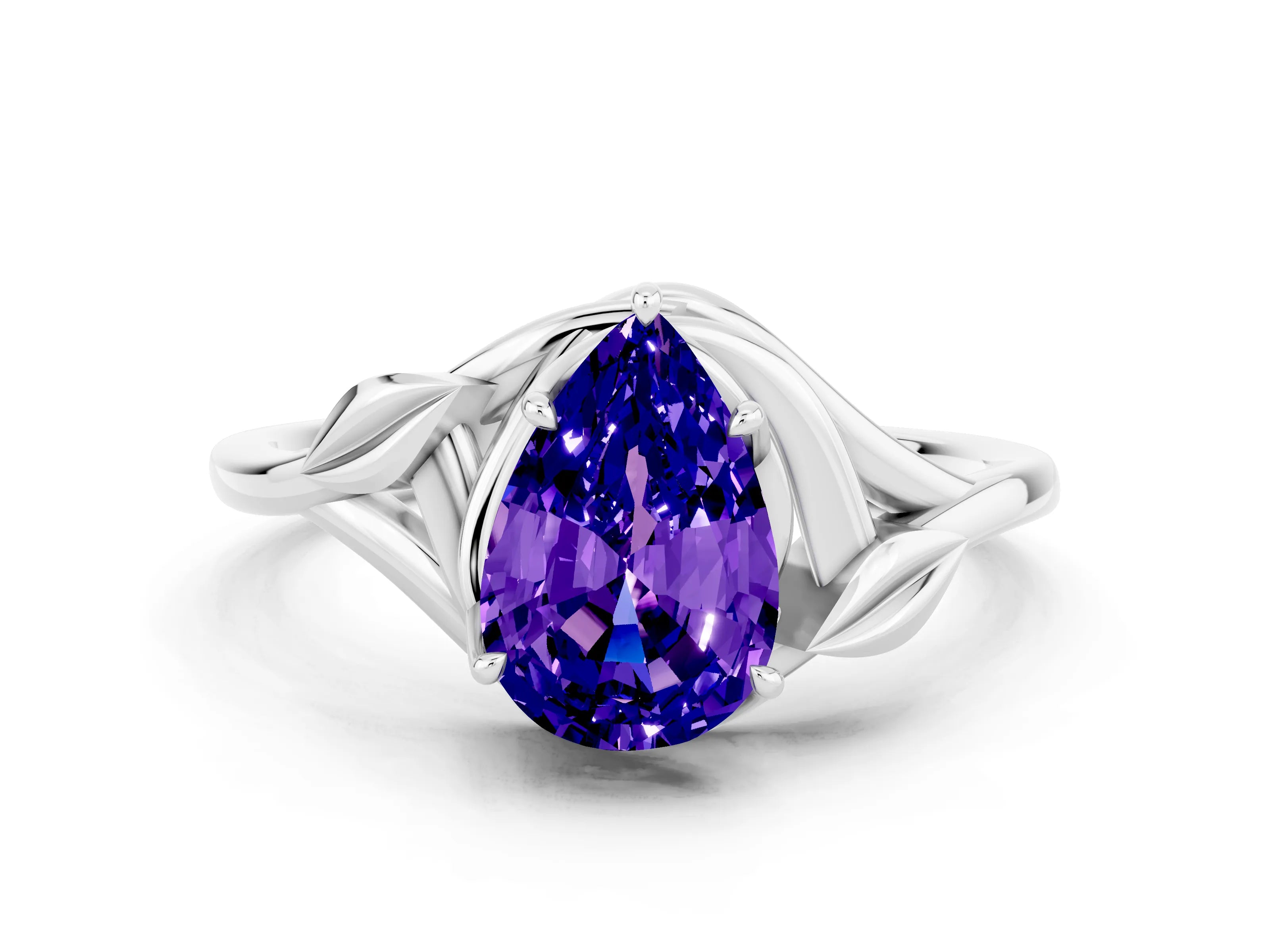 White gold Pear Cut Tanzanite Solitaire Ring with Twist Band and Four-Prong Setting_36