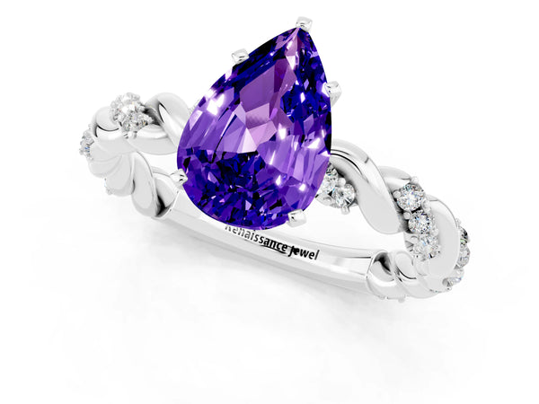 Platinum Pear Cut Tanzanite Solitaire Ring with Twisted Band and Pavé Accents