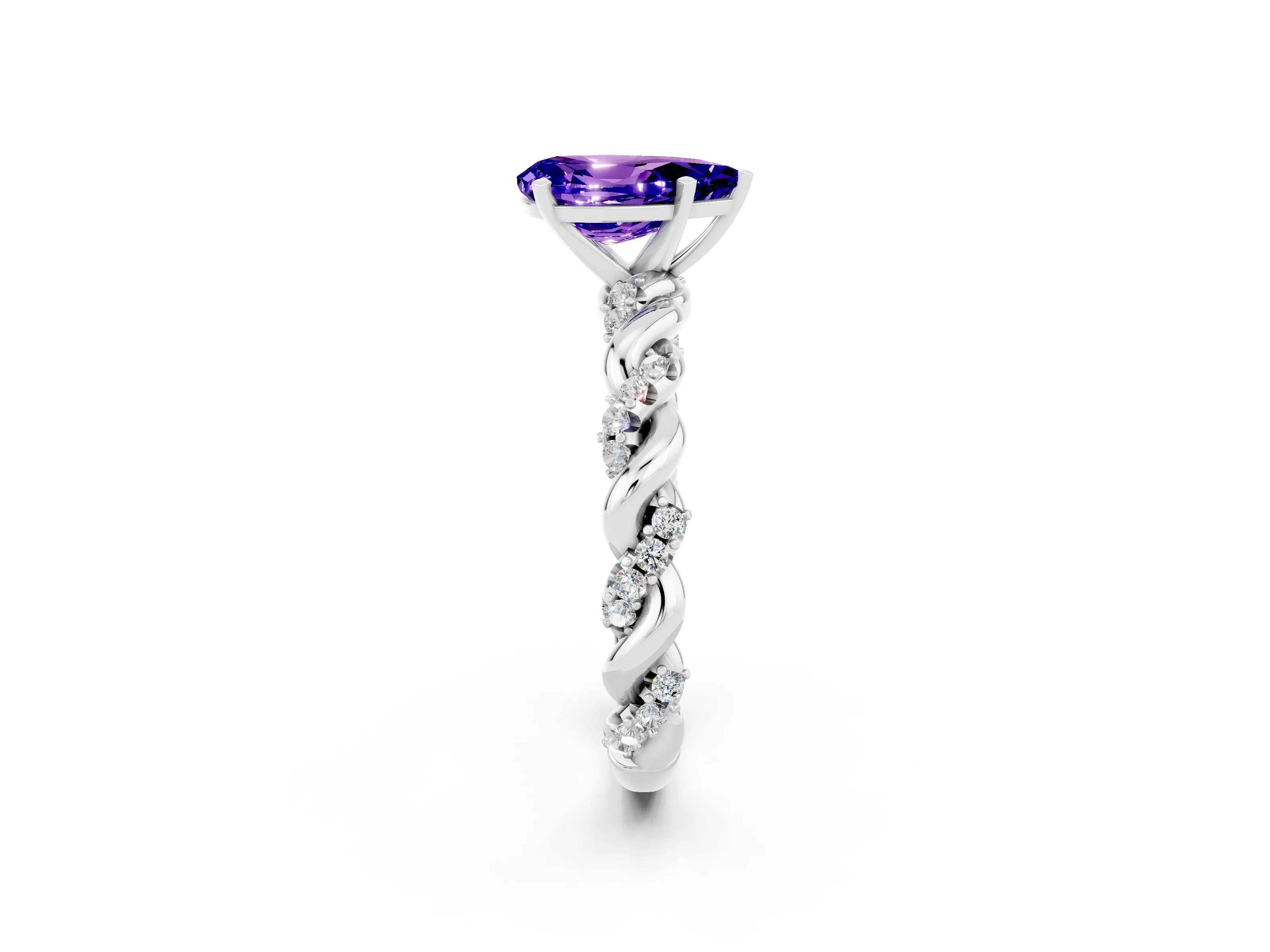 White gold Pear Cut Tanzanite Solitaire Ring with Twisted Band and Pavé Accents_2