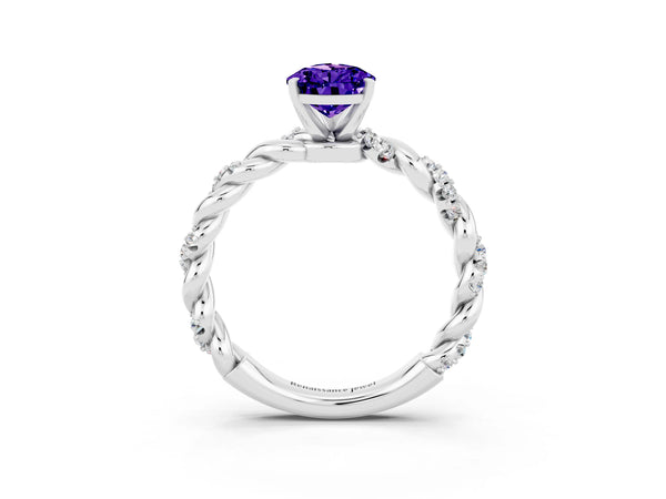 Silver Pear Cut Tanzanite Solitaire Ring with Twisted Band and Pavé Accents