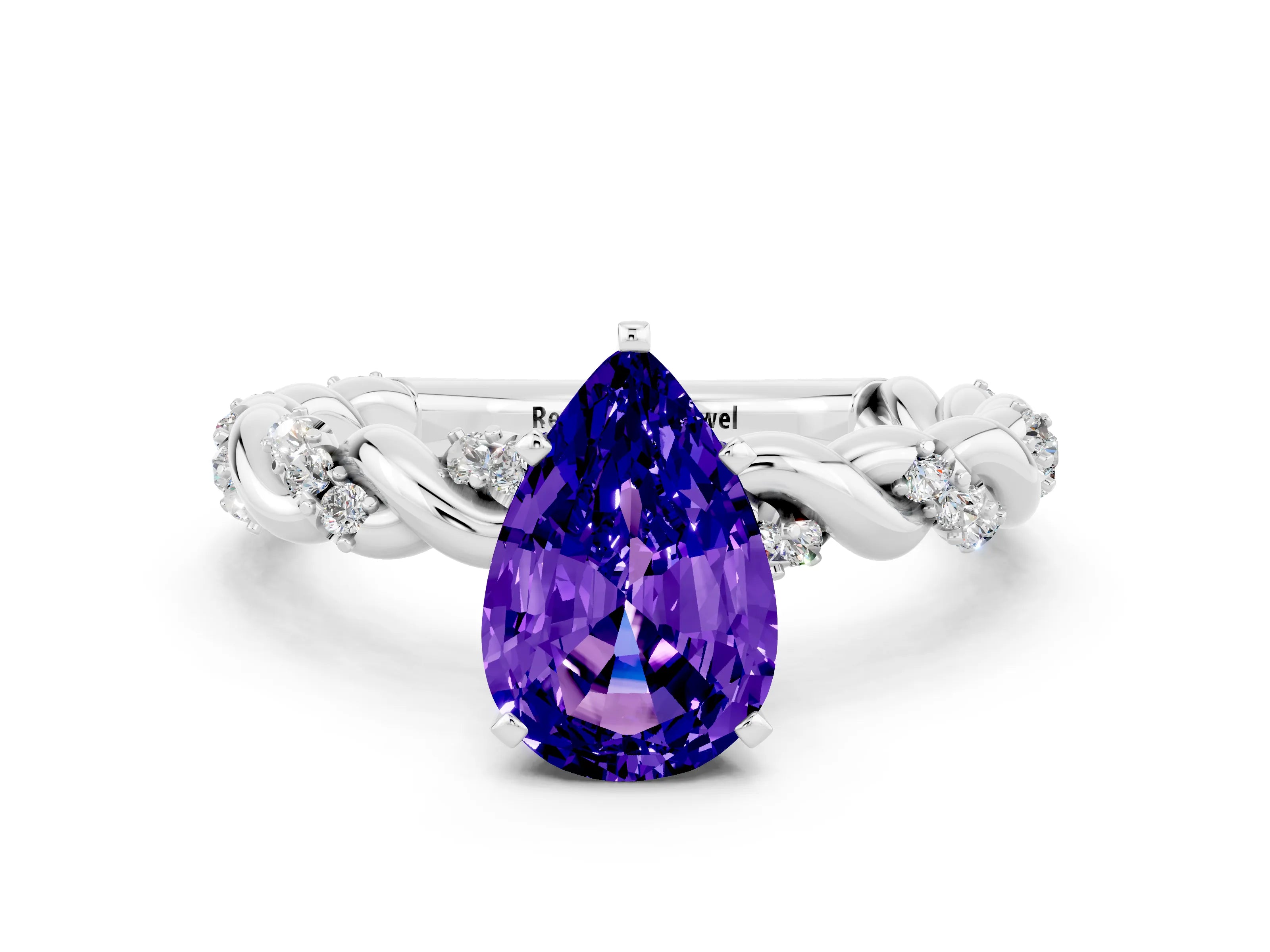 White gold Pear Cut Tanzanite Solitaire Ring with Twisted Band and Pavé Accents