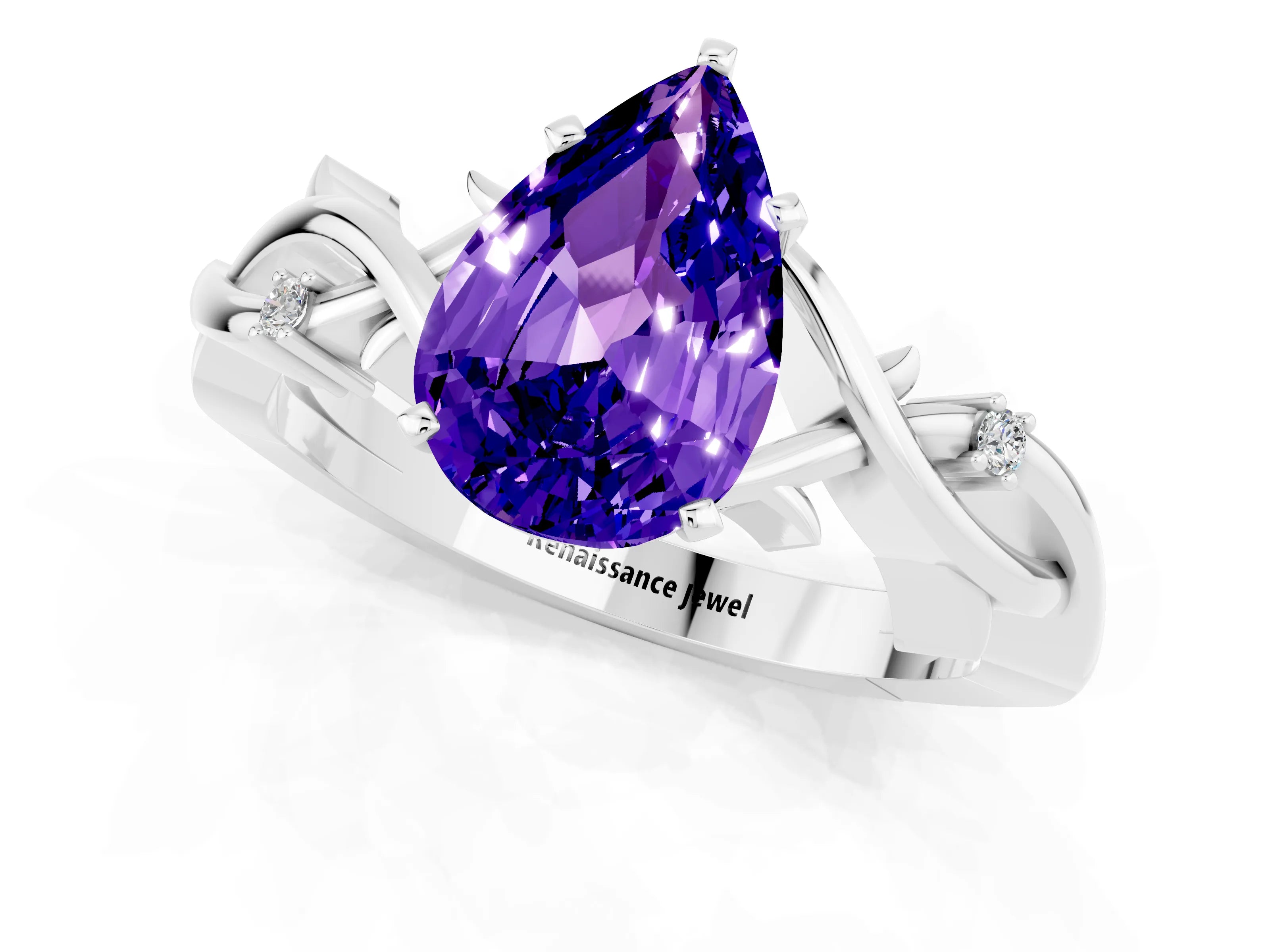 White gold Pear Cut Tanzanite Solitaire Ring with Twisted Band and Prong Setting_13