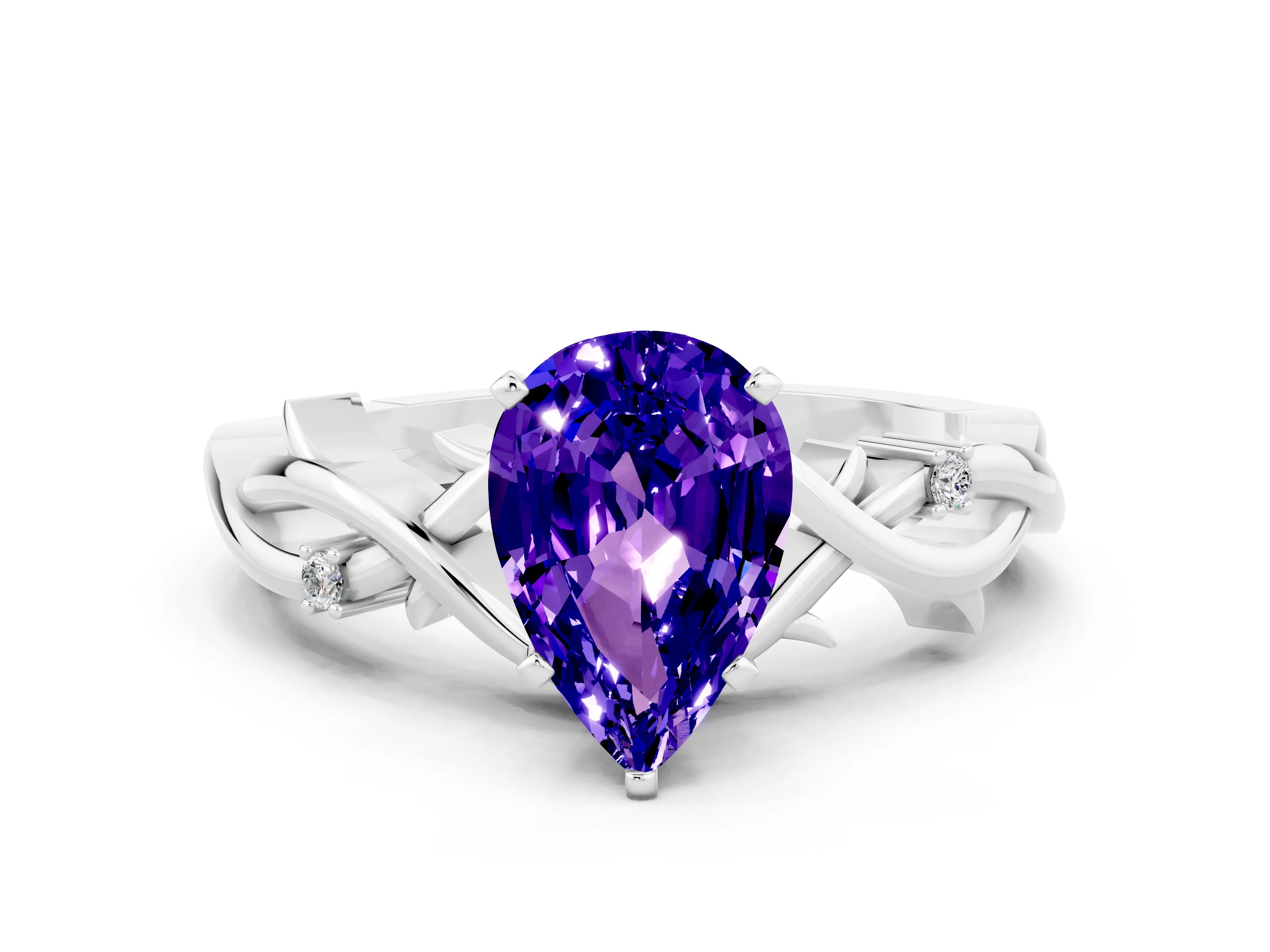 White gold Pear Cut Tanzanite Solitaire Ring with Twisted Band and Prong Setting