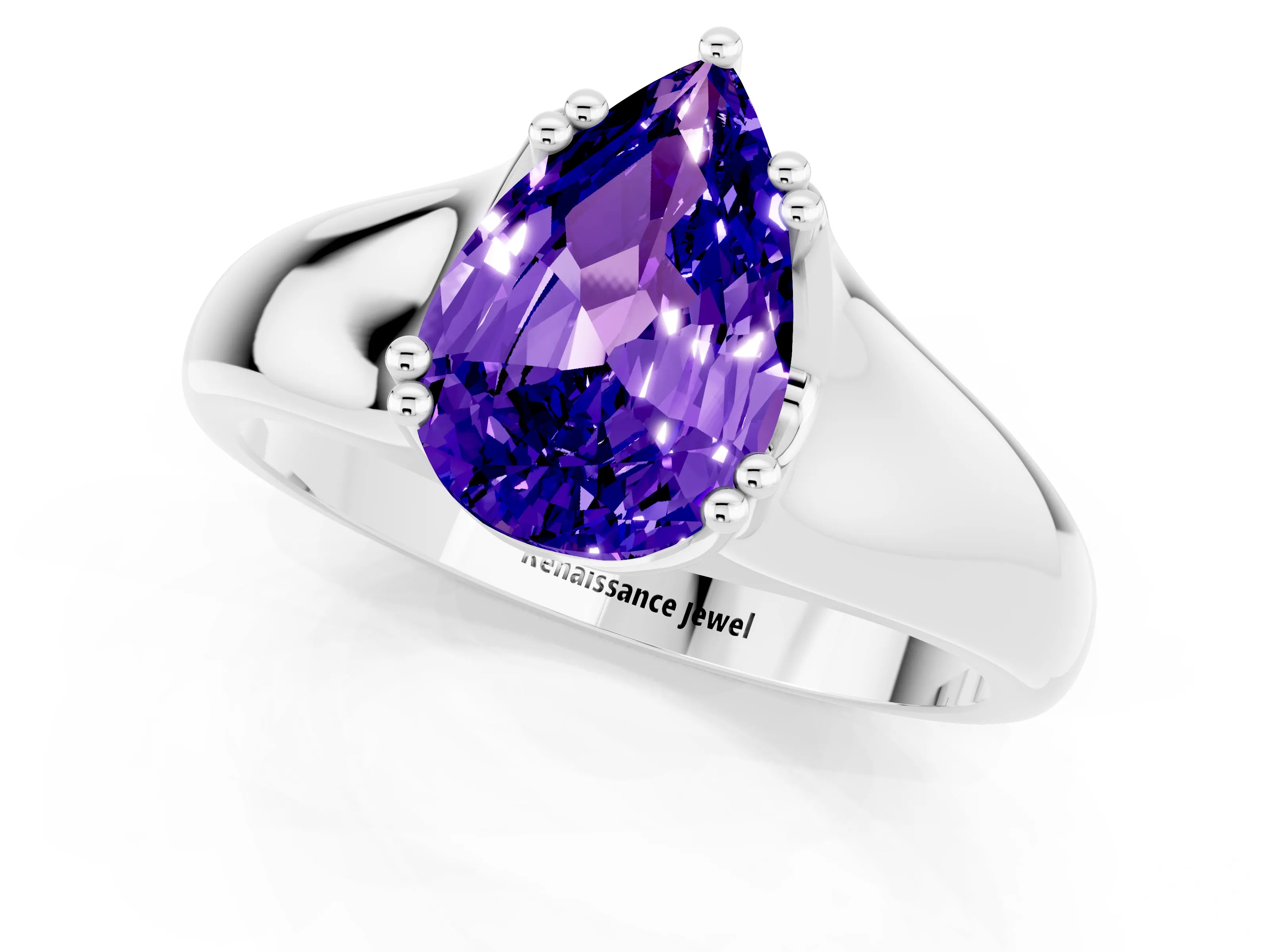 White gold Pear Cut Tanzanite Solitaire Ring with Wide Band and Prong Setting_1