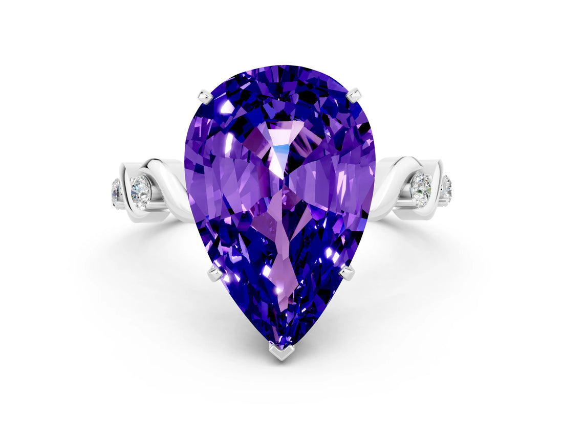 White gold Pear Cut Tanzanite Solitaire Twisted Band with Round  Accents and Prong Setting_12