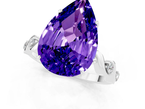 White gold Pear Cut Tanzanite Solitaire Twisted Band with Round  Accents and Prong Setting