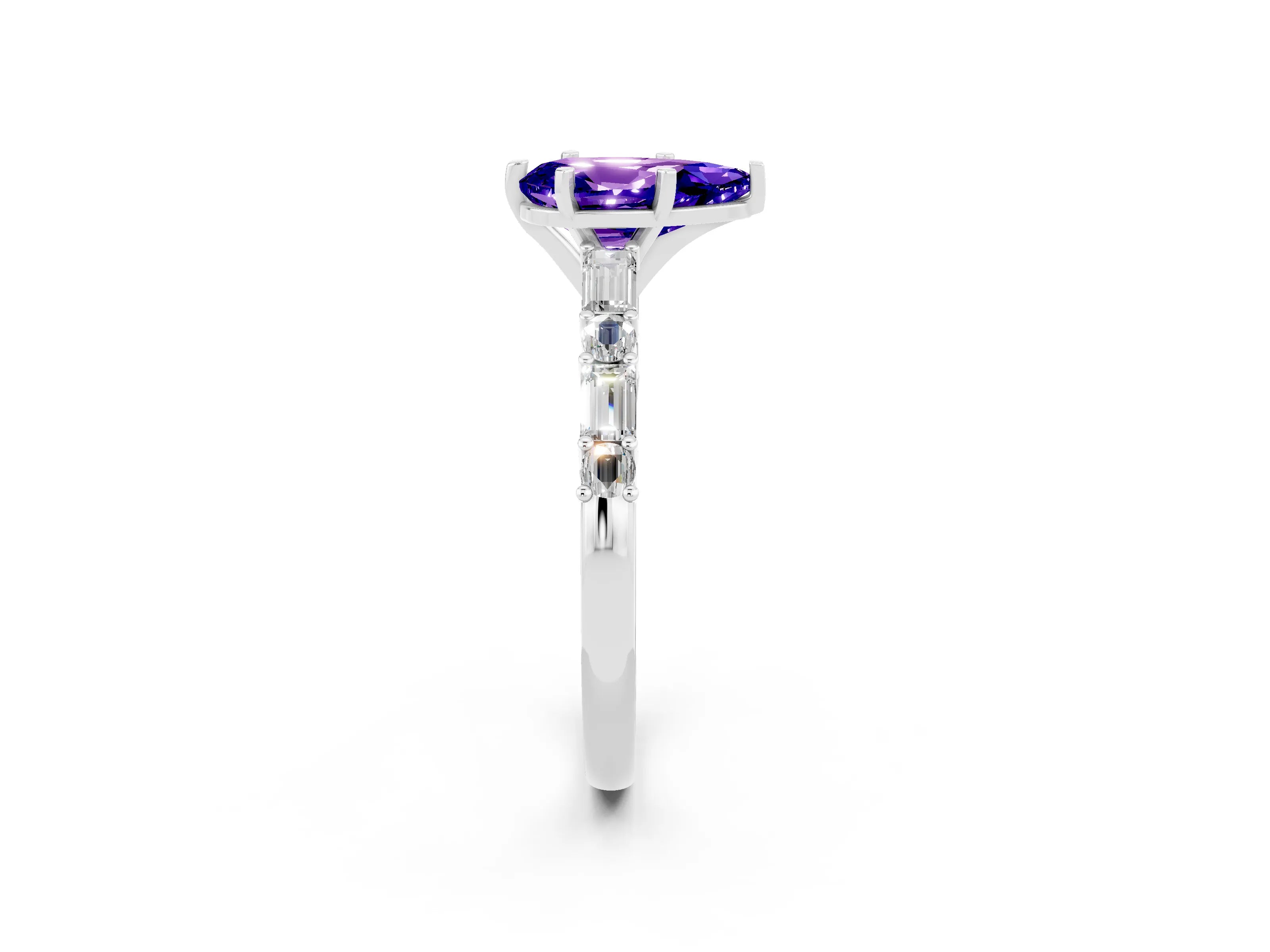 White gold Pear Cut Tanzanite Solitaire with Side Baguettes and Channel Set Band_2