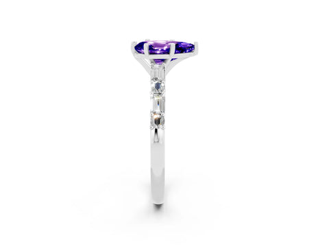 White gold Pear Cut Tanzanite Solitaire with Side Baguettes and Channel Set Band_2