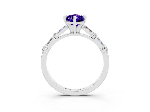 White gold Pear Cut Tanzanite Solitaire with Side Baguettes and Channel Set Band