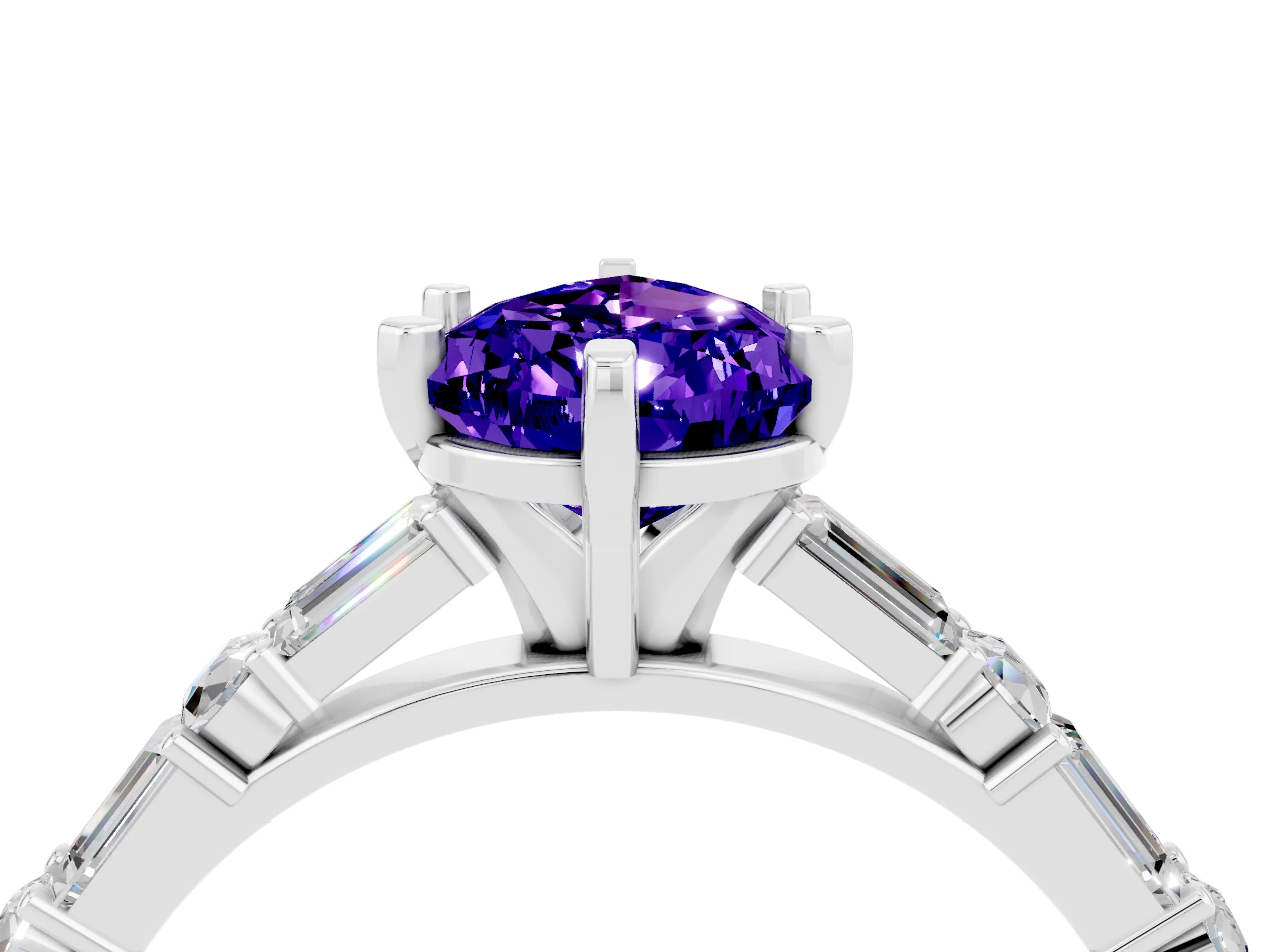 White gold Pear Cut Tanzanite Solitaire with Side Baguettes and Channel Set Band_4
