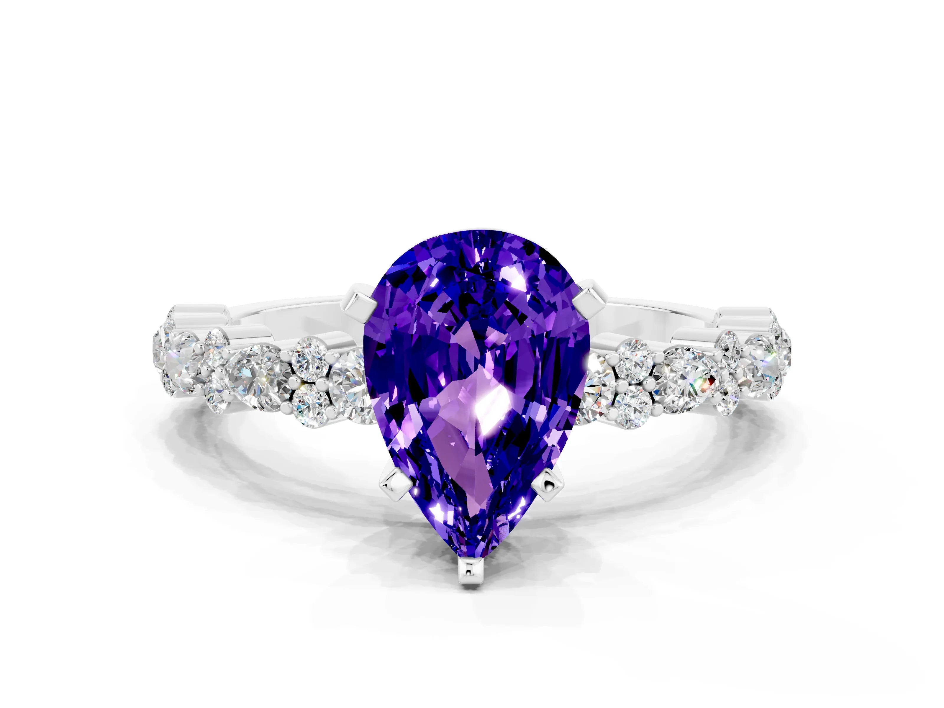 White gold Pear Cut Tanzanite Solitaire with Side Stones, Pave Band, Four-Prong Setting_36