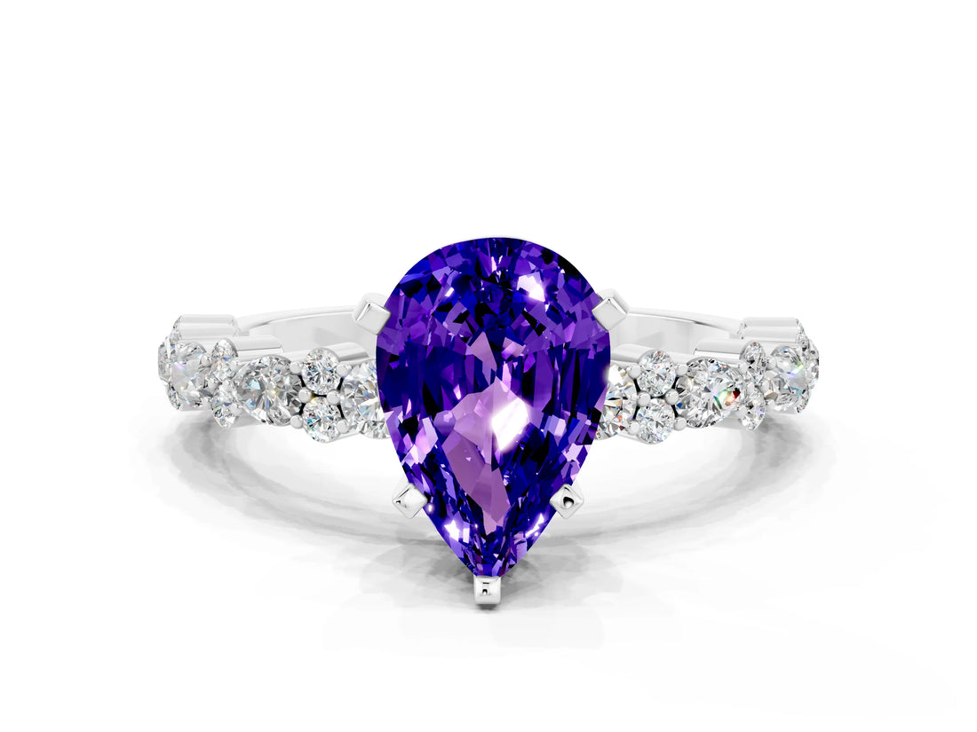 White gold Pear Cut Tanzanite Solitaire with Side Stones, Pave Band, Four-Prong Setting_36