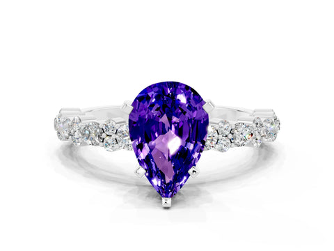White gold Pear Cut Tanzanite Solitaire with Side Stones, Pave Band, Four-Prong Setting_36