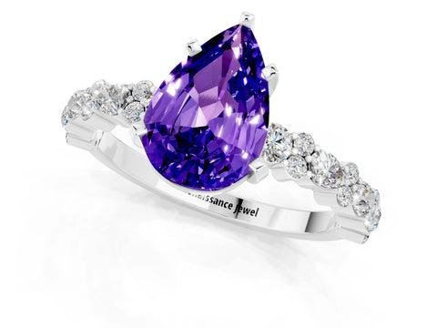 White gold Pear Cut Tanzanite Solitaire with Side Stones, Pave Band, Four-Prong Setting_37