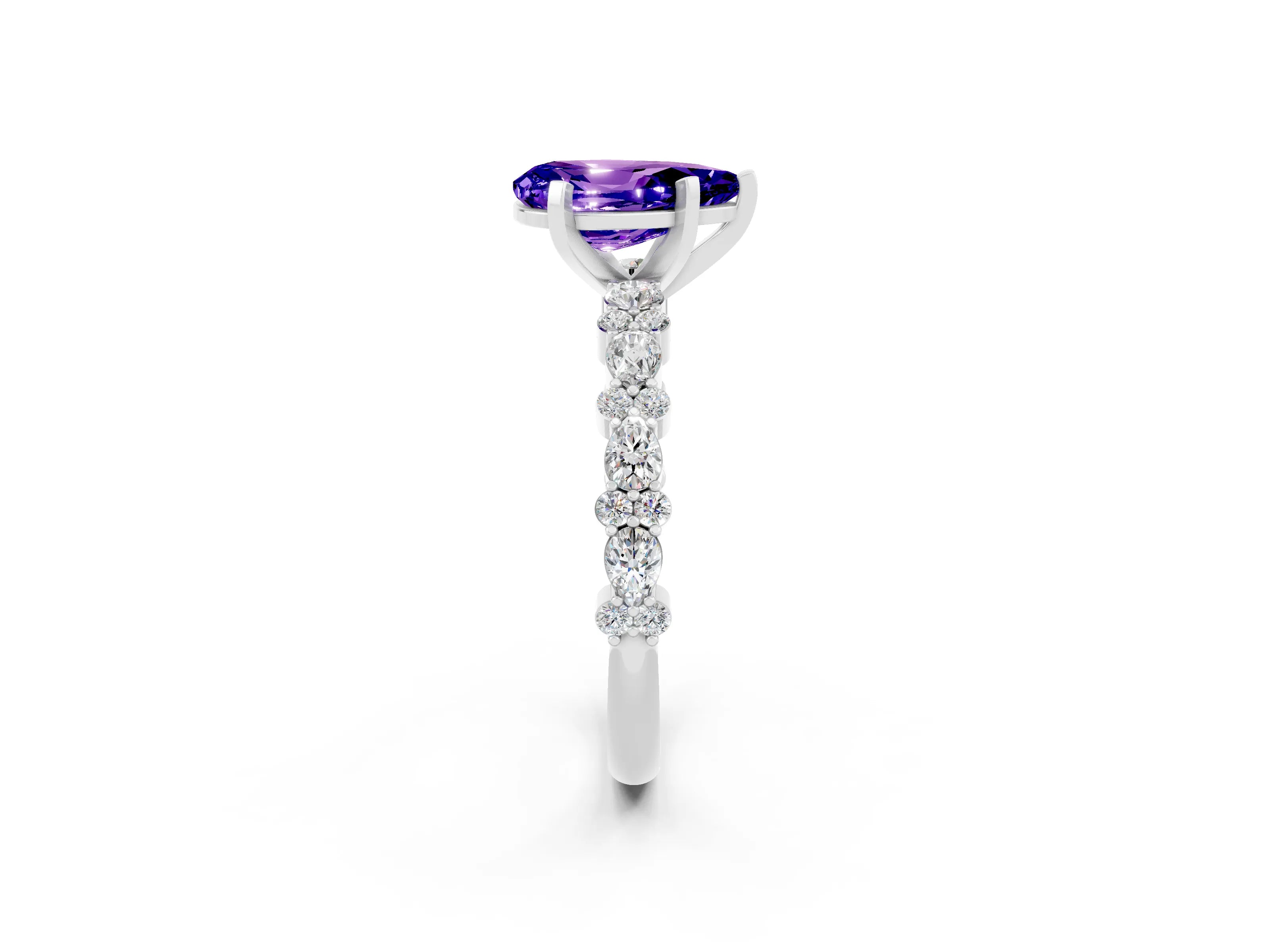 White gold Pear Cut Tanzanite Solitaire with Side Stones, Pave Band, Four-Prong Setting_38