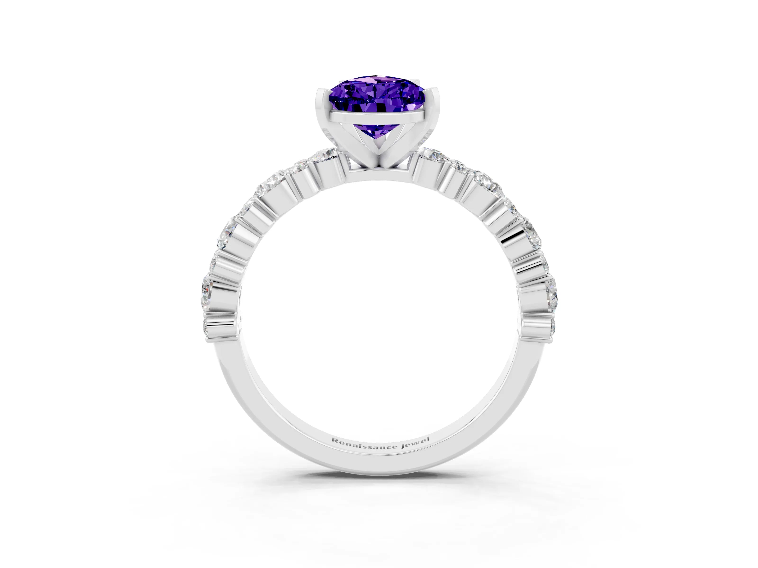 White gold Pear Cut Tanzanite Solitaire with Side Stones, Pave Band, Four-Prong Setting_39