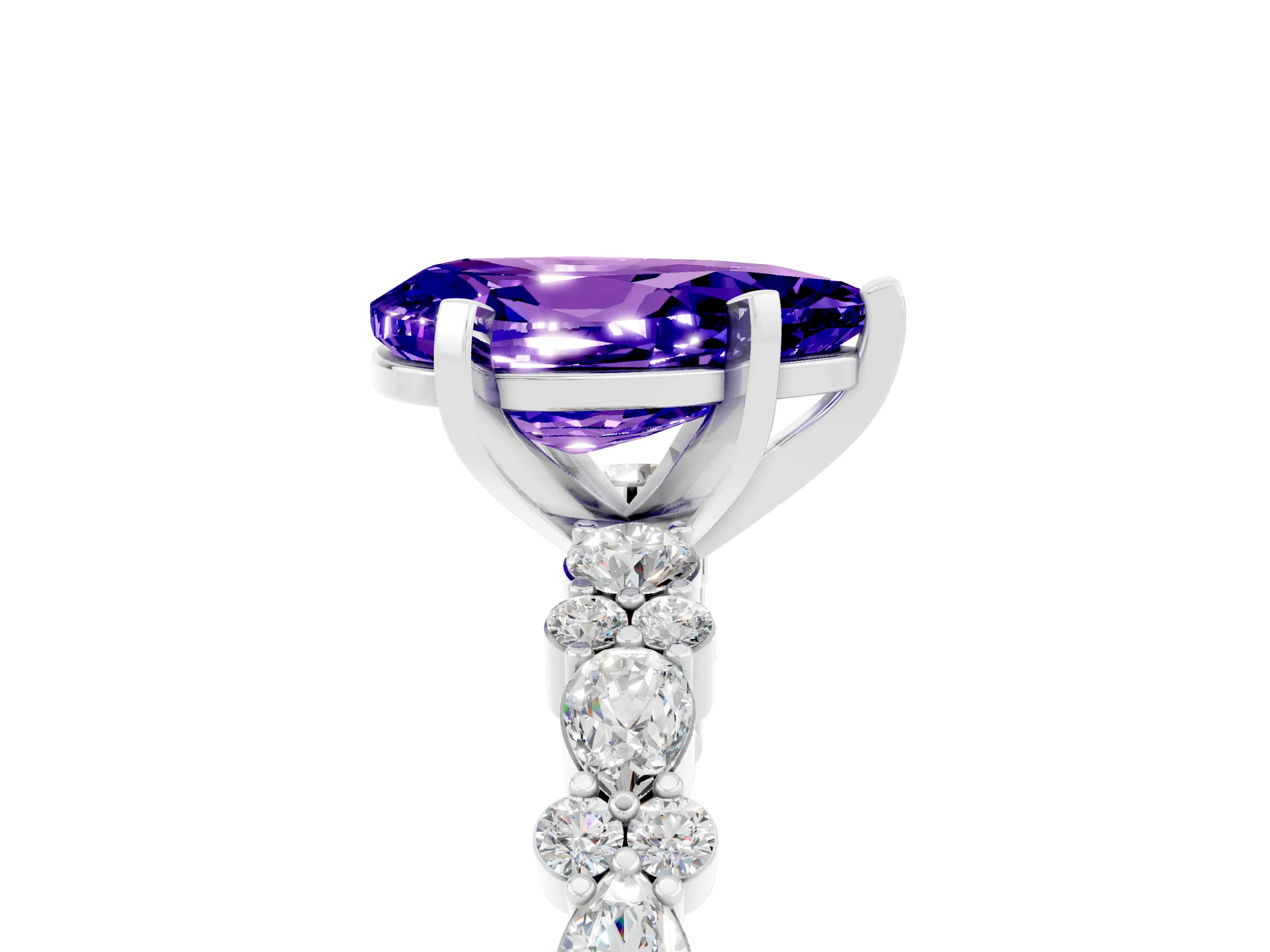 White gold Pear Cut Tanzanite Solitaire with Side Stones, Pave Band, Four-Prong Setting_41